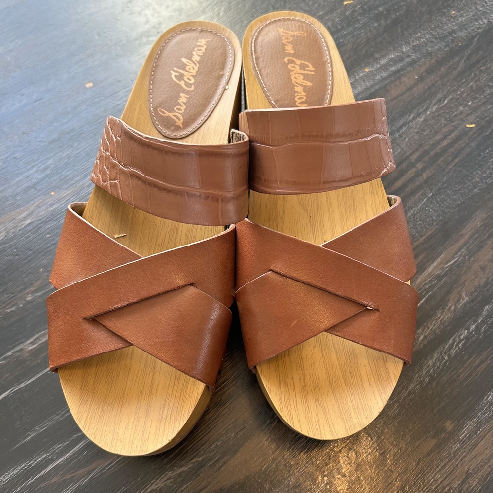 Sam Edelman Tan Brown Leather Crossover Slide Sandals